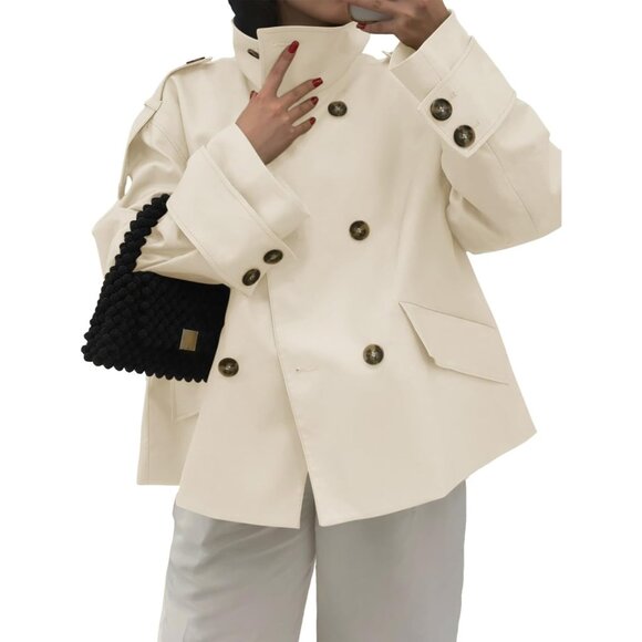 ⚡Women's Beige Cropped Trench Coat Oversized Double Breasted Stand Collar